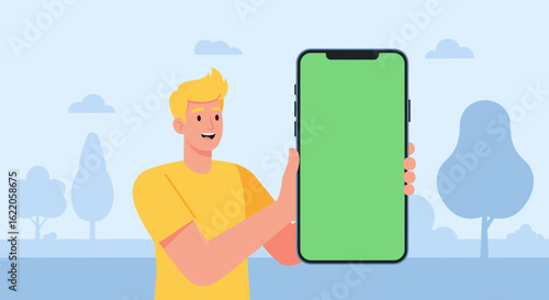 Man holding large smartphone with green screen, perfect for app demos or website mockups.