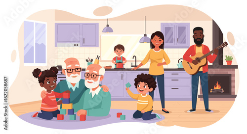 Happy multigenerational family enjoying time together at home. Ideal for family, togetherness, and home concepts.