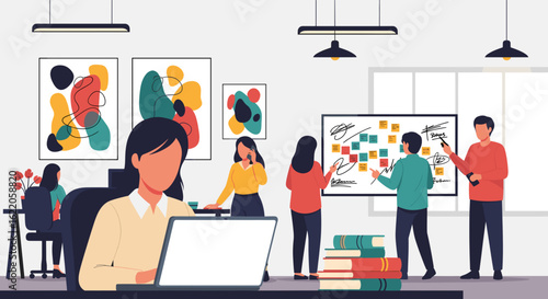 Modern office workers collaborating on a project, perfect for websites or brochures promoting teamwork and innovation.