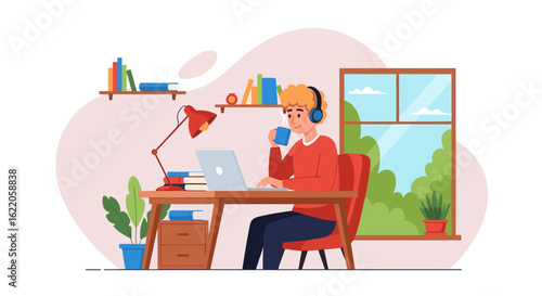 Young man working from home on laptop, perfect for blog posts or website banners about remote work.