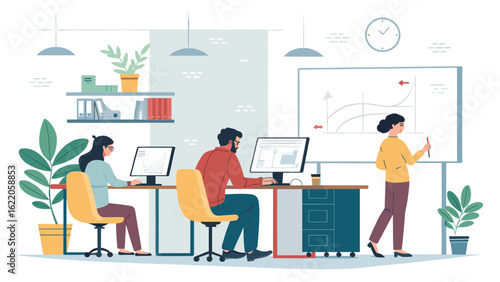 A diverse team collaborates in a modern office setting, with individuals working on computers, analyzing data on a whiteboard, and fostering a productive work environment.