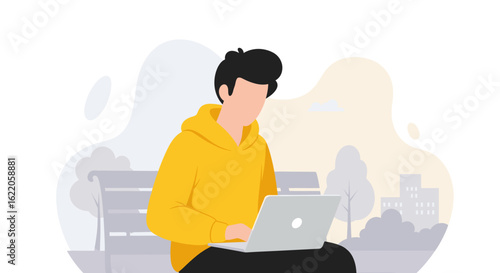 Young man working on laptop in park - perfect for website banners, blog posts, or app designs.