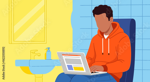 Man working on laptop in a bathroom, perfect for illustrating remote work, flexible workstyles, or busy lifestyles.