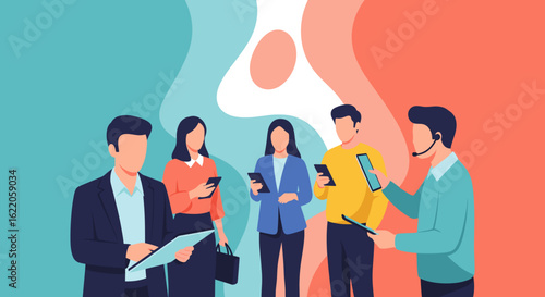 Diverse business team using smartphones and tablets, perfect for a corporate website or presentation.