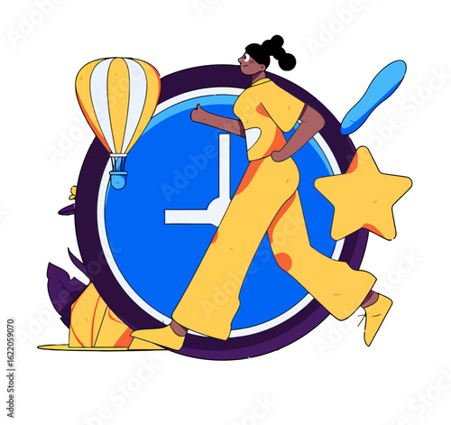 Empowered woman strides confidently towards success, managing her time effectively and achieving ambitious goals, symbolizing productivity and forward motion with vibrant style
