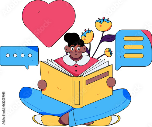 Inspiring young woman reading a book surrounded by positive messages and floral accents, promoting education, knowledge, and personal growth, ideal for learning platforms and content creation