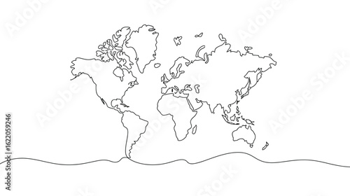 Minimal world map line illustration showing black continental outlines on white background with abstract wave, symbolizing global unity and travel