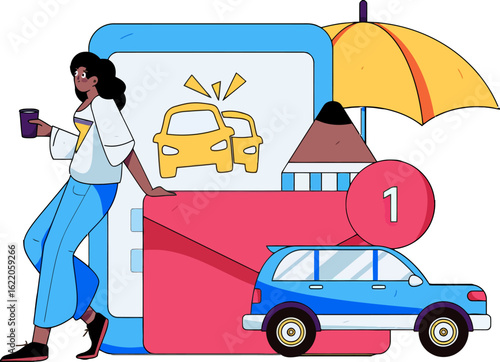 Stylish cartoon illustration of a woman with coffee, leaning against a large phone with car icons, alongside a toy car and umbrella, perfect for ride sharing or automotive themes