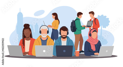 Diverse group of students or professionals working collaboratively on laptops in a modern, urban setting, fostering teamwork and innovation in a digital environment.