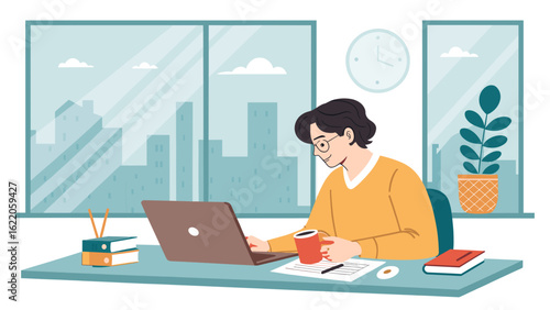 Young man working on laptop in modern office, perfect for website banners or productivity articles.