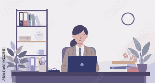 Businesswoman working on laptop in modern office, perfect for website banners or brochures.