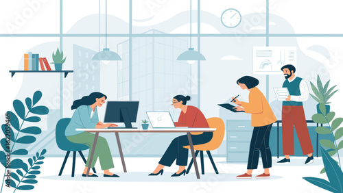 Modern office teamwork: Diverse colleagues collaborating on projects. Ideal for business websites, presentations, and brochures.