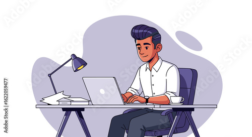 Illustration of a businessman working on his laptop, perfect for websites or presentations on productivity and remote work.