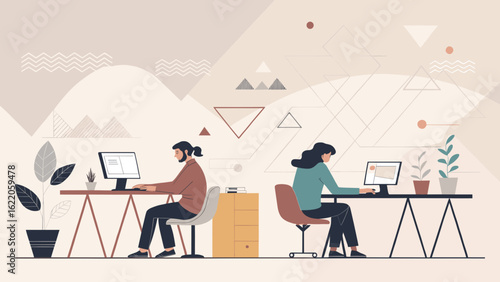 Two colleagues working at their desks in a modern office. Ideal for website banners, presentations, and marketing materials.