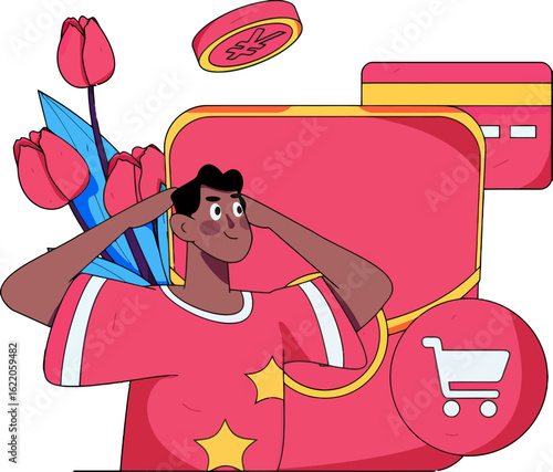 Cheerful man surrounded by online shopping icons, perfect for ads, websites, and social media, conveying ease and satisfaction, a modern twist on e-commerce, youthful appeal, and digital lifestyle