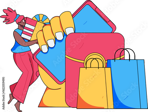 Excited shopper enjoying online shopping with digital wallet and colorful purchases, perfect for e-commerce promotions and modern lifestyle advertising, embracing convenient retail therapy