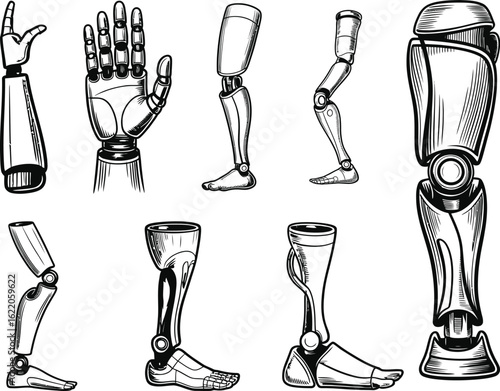 Collection of hand drawn robotic limbs and prosthetics