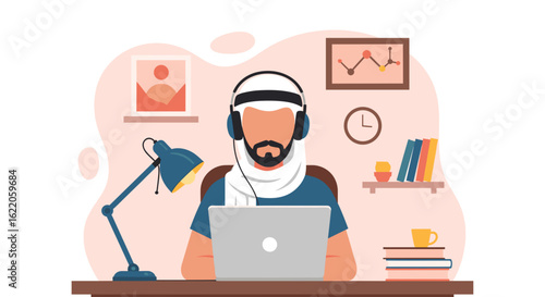 Arab man working from home on laptop, perfect for remote work, freelance, and online business websites and marketing materials.
