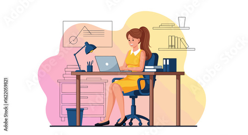 Happy woman working on laptop at her desk, perfect for website banners or blog posts about productivity and remote work.