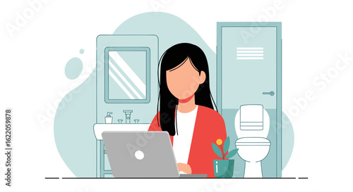 Woman working on laptop in a modern bathroom, ideal for articles about work-life balance or remote work.