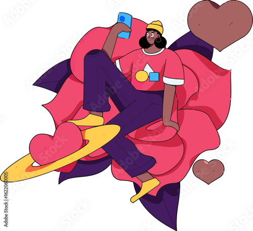 Expressive illustration of a young woman taking a selfie while relaxing amongst hearts and flowers, perfect for social media marketing and digital content creation, radiating carefree vibes