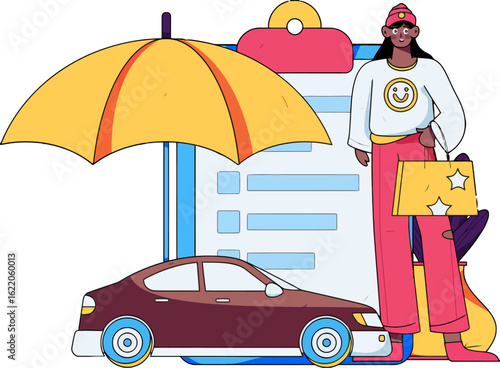 Cartoon car protected by umbrella with a woman standing by form, symbolizing auto insurance coverage and peace of mind, perfect for financial safety campaigns and modern lifestyle illustrations