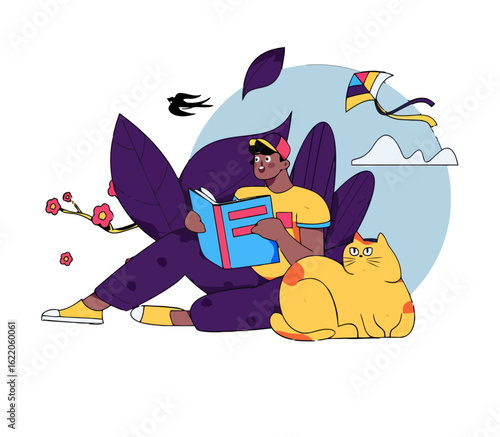 Enjoy a relaxing afternoon with a good book and feline friend, perfect for illustrating cozy moments, heartwarming stories, and the joy of companionship in vibrant, appealing style