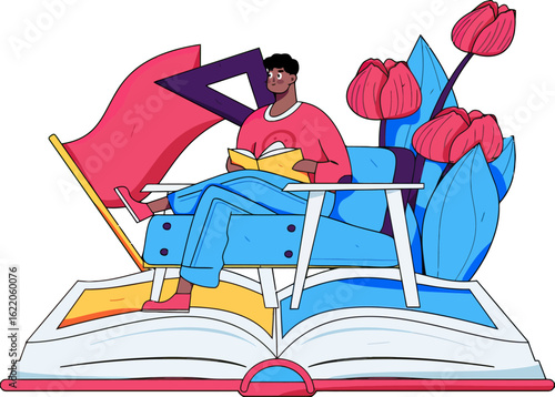 Dive into Knowledge Young Man Relaxing with Book on Giant Open Book Surrounded by Flowers and School Tools, Embrace Learning and Education Concepts, Inspiring Study and Academic Success