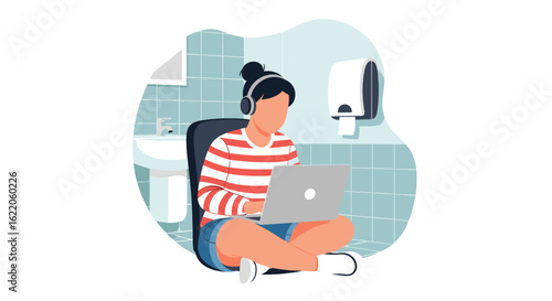 Woman working on laptop in bathroom - Illustration for blog, website, or social media.