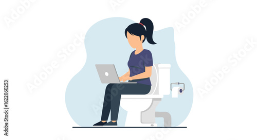 Woman working on laptop while sitting on toilet - Illustration for articles about work-life balance, remote work, or humor.