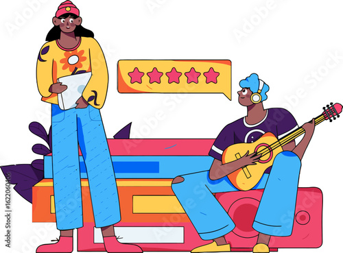 Musician gets five-star review playing acoustic guitar with headphones, while a person holds a tablet, suggesting online success, customer satisfaction, and creative achievement in a digital world