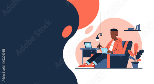 Young man working from home, using laptop and stylus. Perfect for websites, blogs, and articles about remote work, freelance, or digital art.