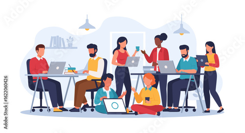 Diverse team collaborating in a modern office, ideal for website banners and business presentations.