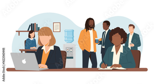 Diverse team of office workers collaborating, perfect for illustrating teamwork and productivity in a modern workplace.