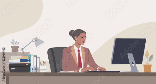 Businesswoman working at her desk, perfect for website banners or business brochures.