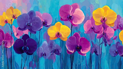 Orchid palette in flower tempo concept. Vibrant orchids in assorted colors against a blue background.