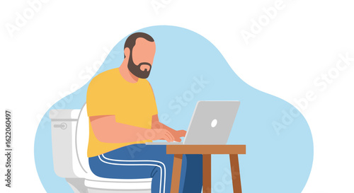 Man working on laptop while sitting on toilet - humorous illustration for website or social media.