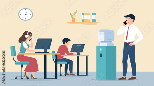 Busy office workers collaborating and communicating. Ideal for illustrating teamwork, productivity, and modern workplaces.