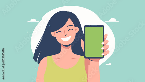 Happy woman showing smartphone screen, perfect for app presentation or website banner.