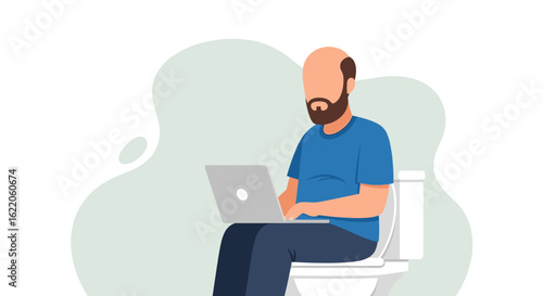 Illustration of a man working on his laptop while sitting on the toilet; perfect for articles on work-life balance or humor.