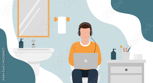 Person working on laptop in bathroom, perfect for articles on work-life balance or remote work challenges.