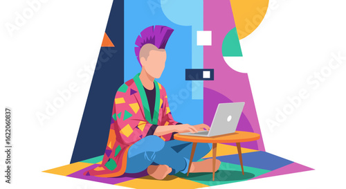 Stylish young man working on laptop, perfect for websites and brochures about technology, design, or freelance work.