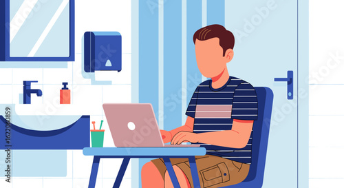 Illustration of a person working on a laptop in a bathroom, perfect for articles about remote work or work-life balance.