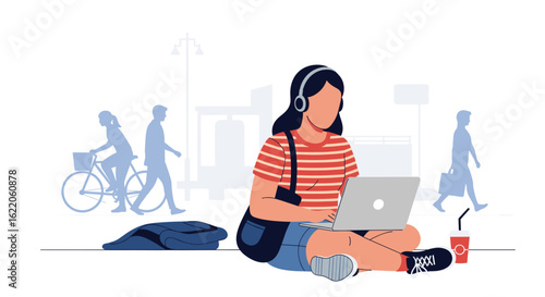 Young woman working on laptop outdoors, perfect for blog posts about remote work or student life.