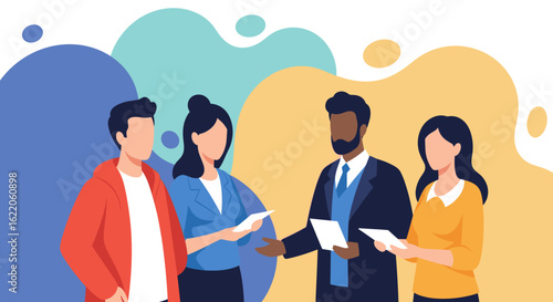 Diverse business team collaborating, ideal for presentations on teamwork and company culture.