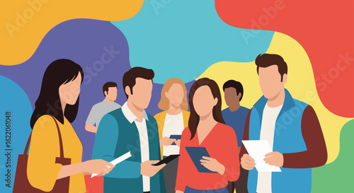 Diverse group of faceless people using digital devices and documents; ideal for websites, presentations, and reports on teamwork and communication.