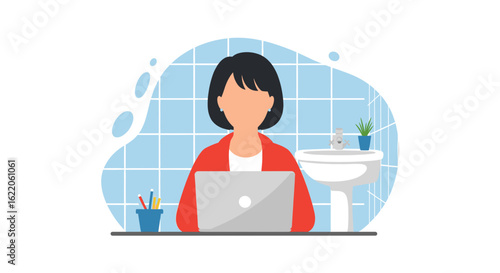 Woman working on laptop in bathroom, perfect for articles on work-life balance or remote work.