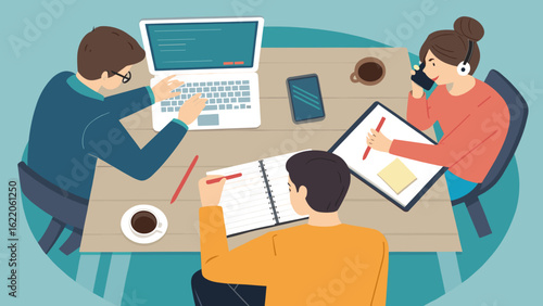 Overhead view of a team collaborating around a table, perfect for illustrating teamwork and brainstorming sessions in presentations or website landing pages.