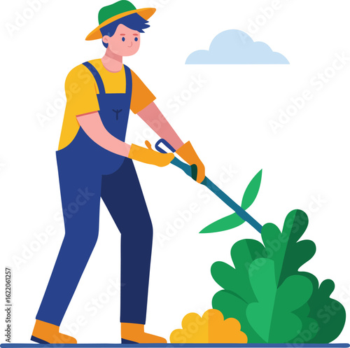 Gardener weeding in the garden with a weeding tool and wearing gloves on transparent backgrounds