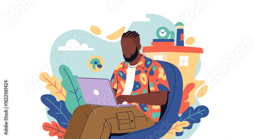 African American man working on laptop, freelance, remote work, digital nomad, illustration for website or blog.